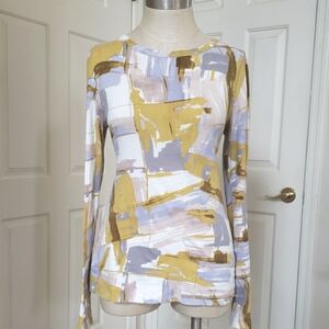 SIMPLY VERA Long Sleeve Top Chartreuse Gray Periwinkle Blue Abstract